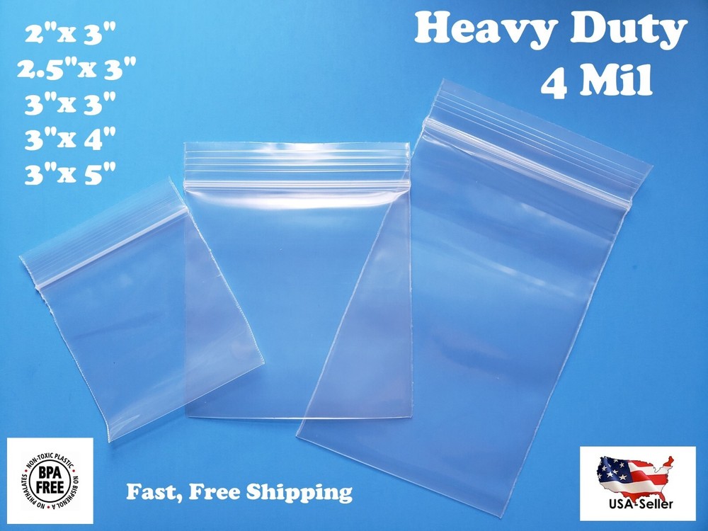 2″x3″, 2.5″, 4″, 5″ Clear 4 Mil Plastic Zip Seal Bag Reclosable Top Lock 4Mil