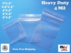 2″x3″, 2.5″, 4″, 5″ Clear 4 Mil Plastic Zip Seal Bag Reclosable Top Lock 4Mil