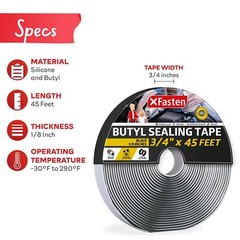 XFasten Butyl Tape RV Black, 3/4 in x 45 Ft, 1/8 in Thick EDPM Butyl Rubber S…