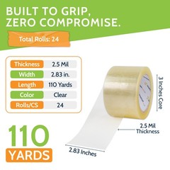 Clear Packing Sealing Tape, 3″x110 Yards, 24 Rolls, 2.5 Mil, Dispenser Refill