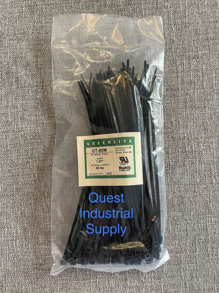 Cable ties 7.87″L x 0.14″W. 2.09″ Max Bundle Dia 40lbs TensileStrength Nylon 66