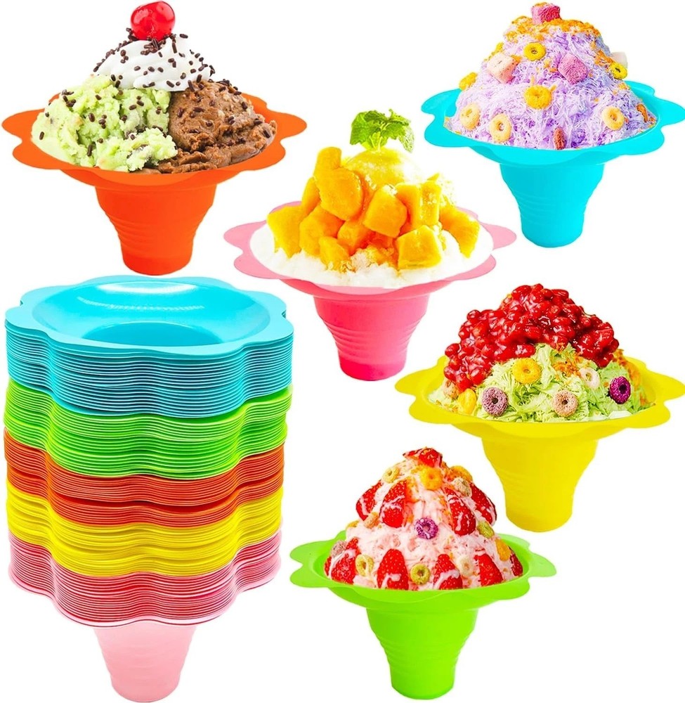 100 PCS Snow Cone Cups Flower Shaped Shaved Ice Cups4 OZ Plastic Snow Cone Bowls