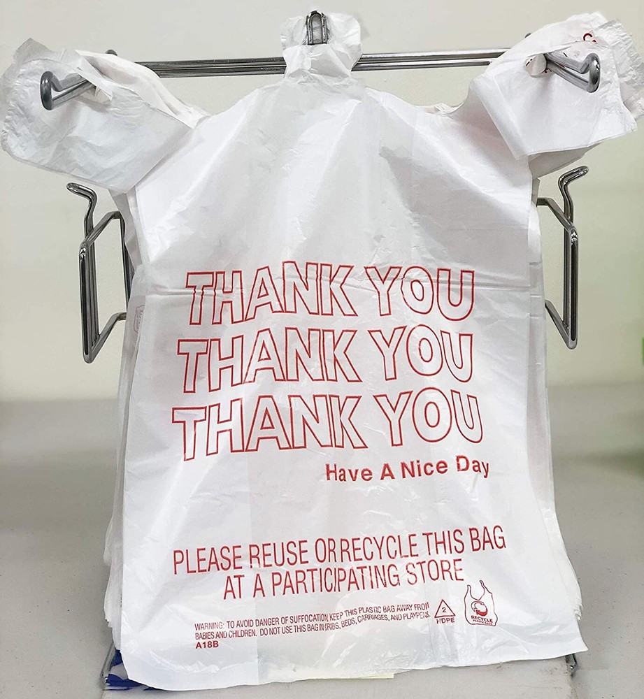 100 Bags 1/6 Large 21 x 6.5 x 11.5 “Thank You” T-Shirt Plastic Grocery Shopping