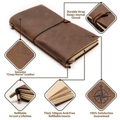 Handcrafted Genuine Leather Travel Journal – Refillable 4.75″x8.5″ Notebook, 100