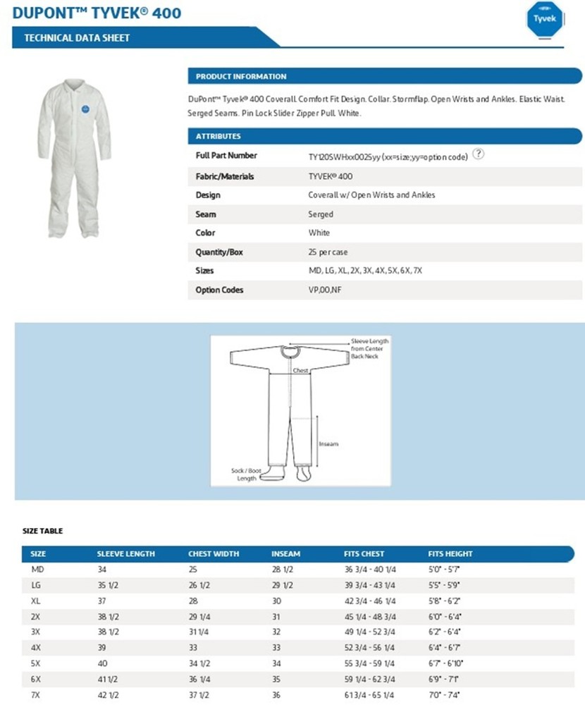Dupont Tyvek 400 Disposable Protective Coverall Case 25 TY120/122/127SWH2500