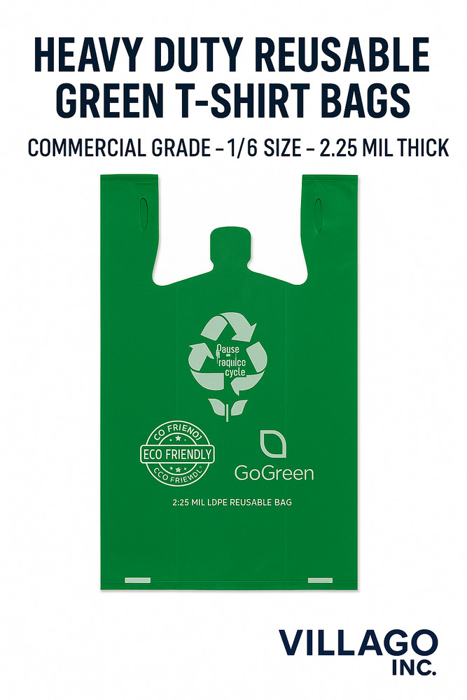 “Green T-Shirt Bags 1/6 Size 2.25 Mil Reusable Heavy Duty Plastic Grocery Sacks”