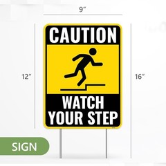 2PC Watch Your Step Sign with Metal Stakes, 12 Inches by 9 Inches – Corrugated P