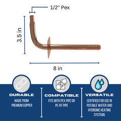 25) COPPER STUB OUT ELBOW FOR 1/2″ PEX TUBING WITH EAR / NAIL FLANGE 3 1/2″ X 8″