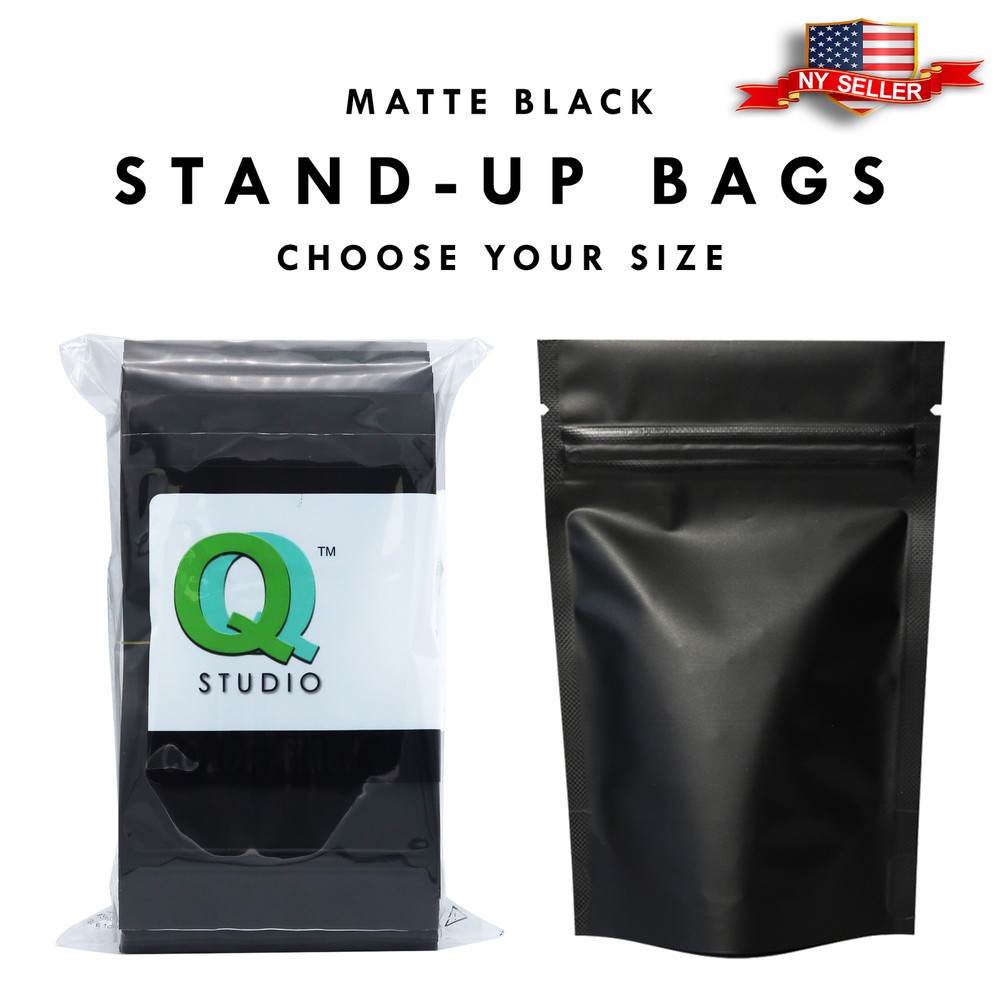 Variety of Sizes for 100pcs Matte Black Metallic Foil Stand-Up Resealable Bags