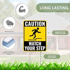 2PC Watch Your Step Sign with Metal Stakes, 12 Inches by 9 Inches – Corrugated P