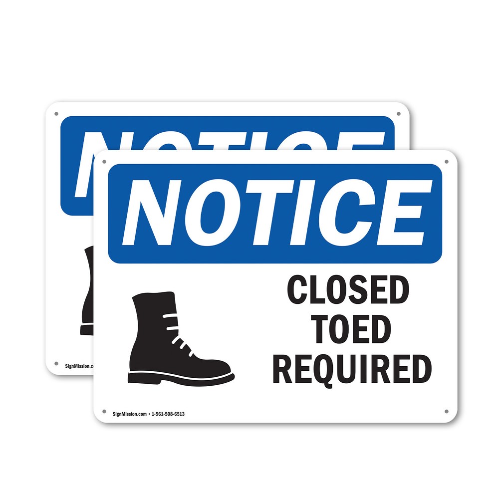 (2 Pack) Closed Toed Shoes Required OSHA Notice Sign Decal Metal Plastic