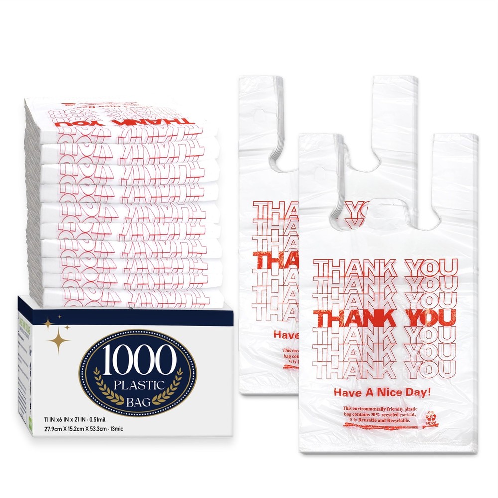 YoYoRain 1000 Pack White Thank You TShirt Bags with Handles, 11″x6″x21″ Plast…