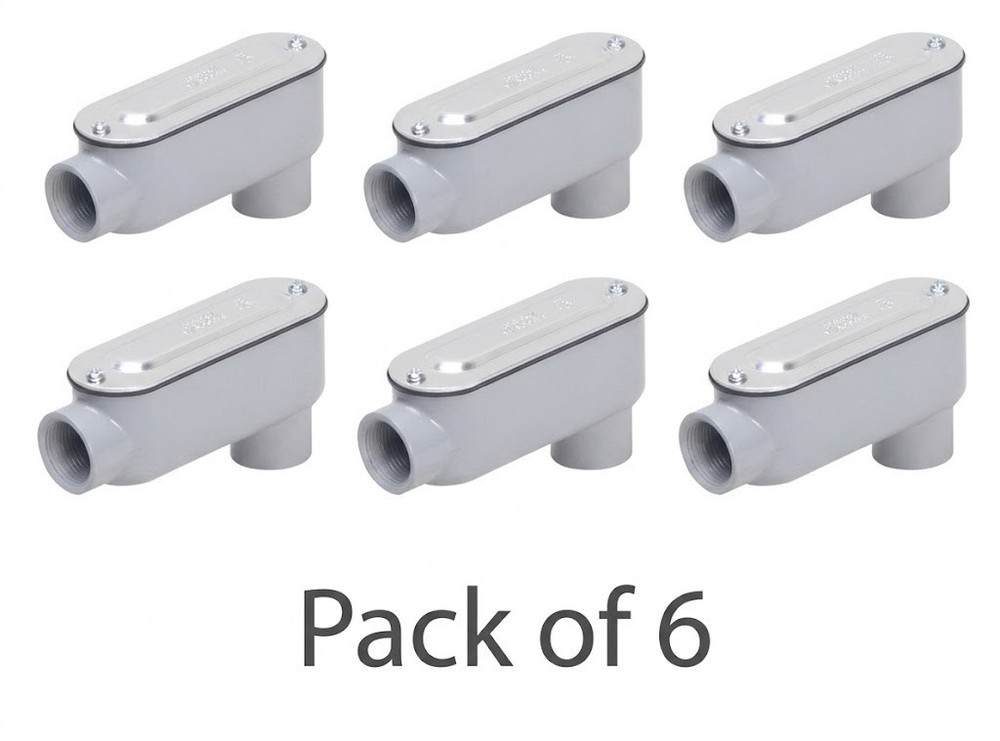 Pack of 6 – 3/4″ LR Conduit Body, Die Cast Aluminum, Stamped Steel Cover