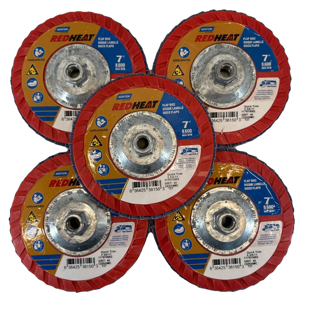 5 Norton Red Heat 7”x 5/8-11 Flap Disc Grinding Wheel 40 Grit Type 27 Quick Trim