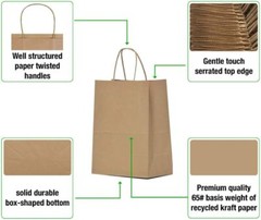500 Paper Shopping Bags Natural Kraft 10″ x 5 x 13″ Retail Merchandise Handles