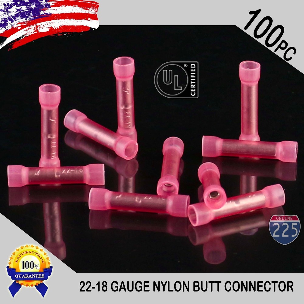 100 Pack 22-18 Gauge Wire Butt Connectors Red Nylon 22-18 AWG Crimp Terminals UL