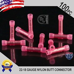 100 Pack 22-18 Gauge Wire Butt Connectors Red Nylon 22-18 AWG Crimp Terminals UL