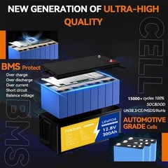 POERUNI 12V 300Ah LiFePO4 Battery 4000+ Deep Cycles 3840Wh 200A BMS for RV Solar