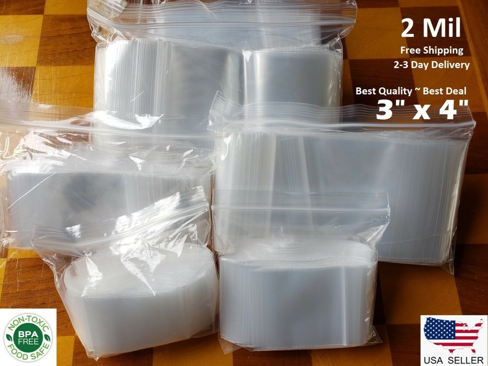 3″ x 4″ CLEAR 2 MIL ZIP SEAL BAGS POLY PLASTIC RECLOSABLE TOP SMALL LOCK BAGGIES