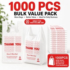 YoYoRain 1000 Pack White Thank You T-Shirt Bags with Handles, Large,