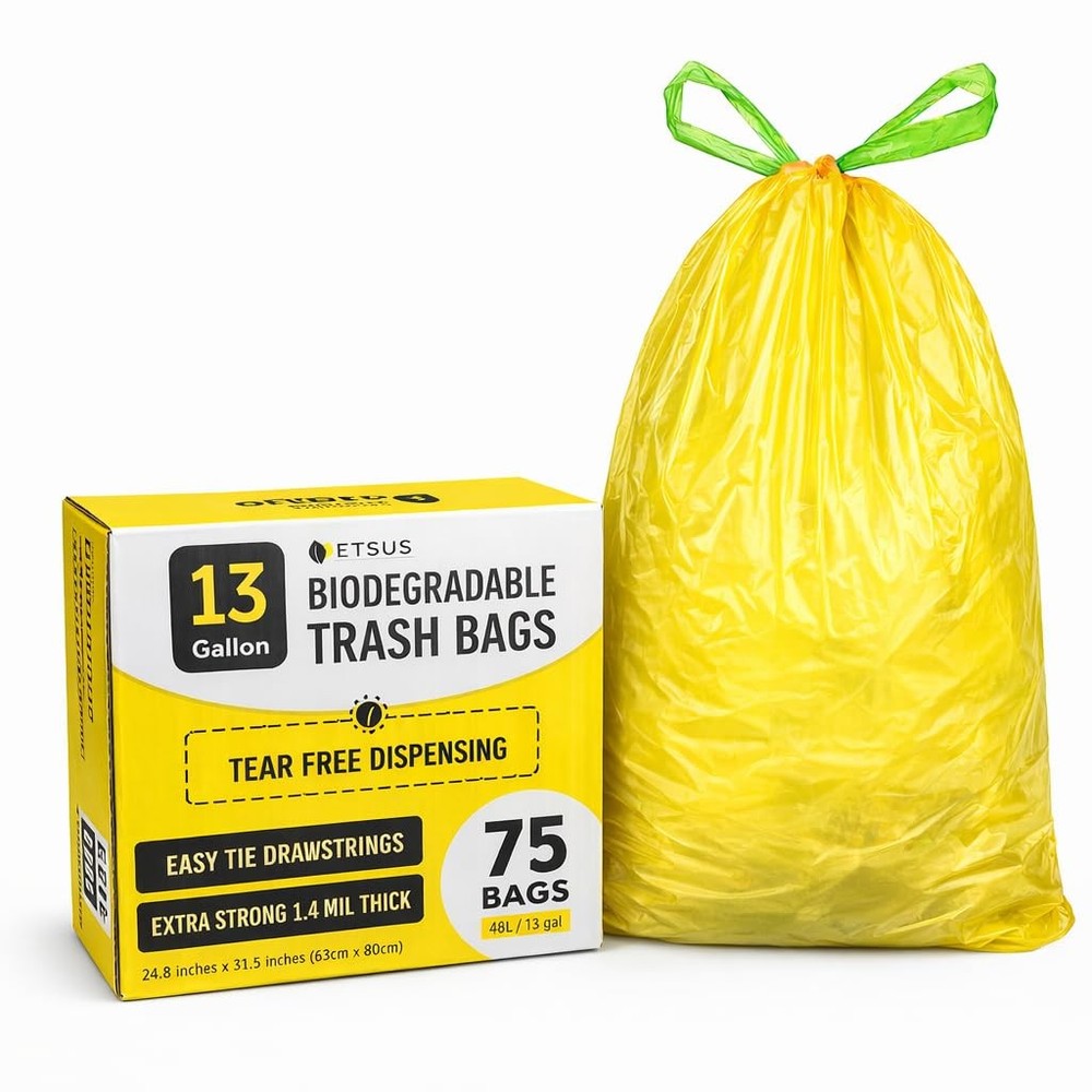 Etsus 13 Gallon Biodegradable Trash Bags Drawstring 75 Count 1.4 Mil Thick