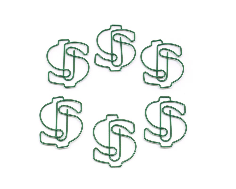 100 Count Green Dollar Sign Shaped Paper Clips Cash Money