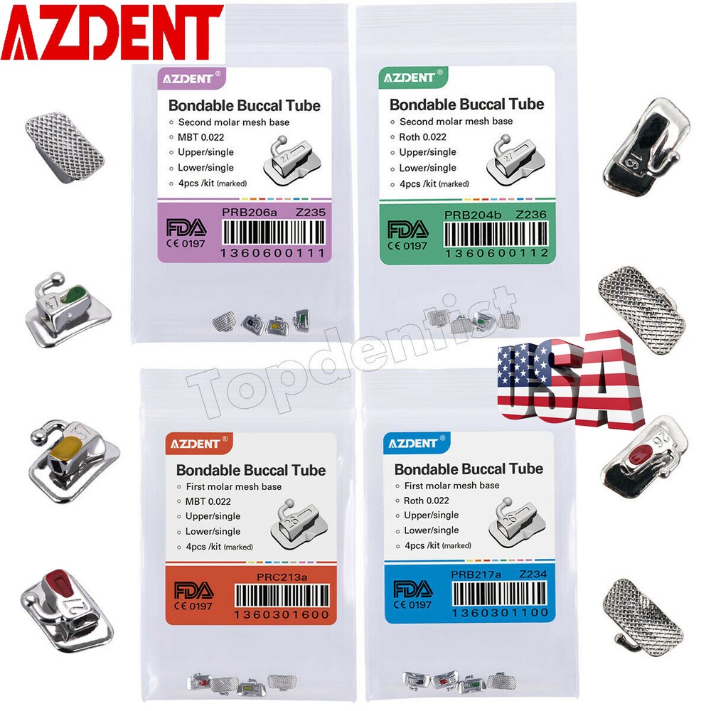 AZDENT Dental Orthodontic Bondable Buccal Tubes MBT/Roth 022 1st Molar Non-Conv