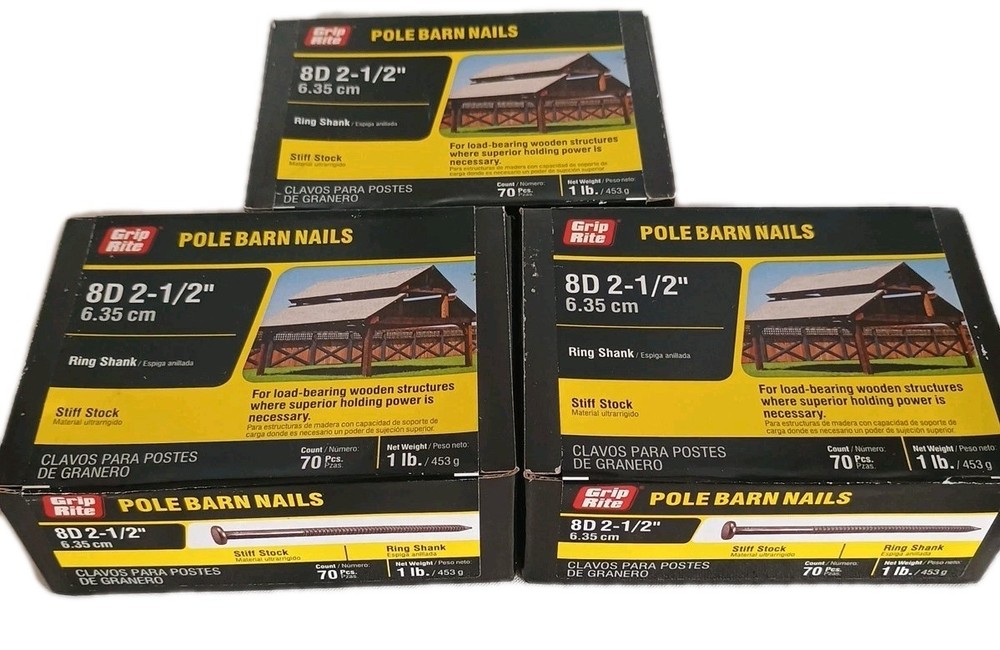 3 LB Pounds Grip Rite Pole Barn Nails 8D 2.5″ Ring Shank Stiff Stock 210 Pieces