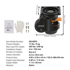 VEVOR Leveling Casters Adjustable Nylon Plate Mounted Caster 2200 lbs Set of 4