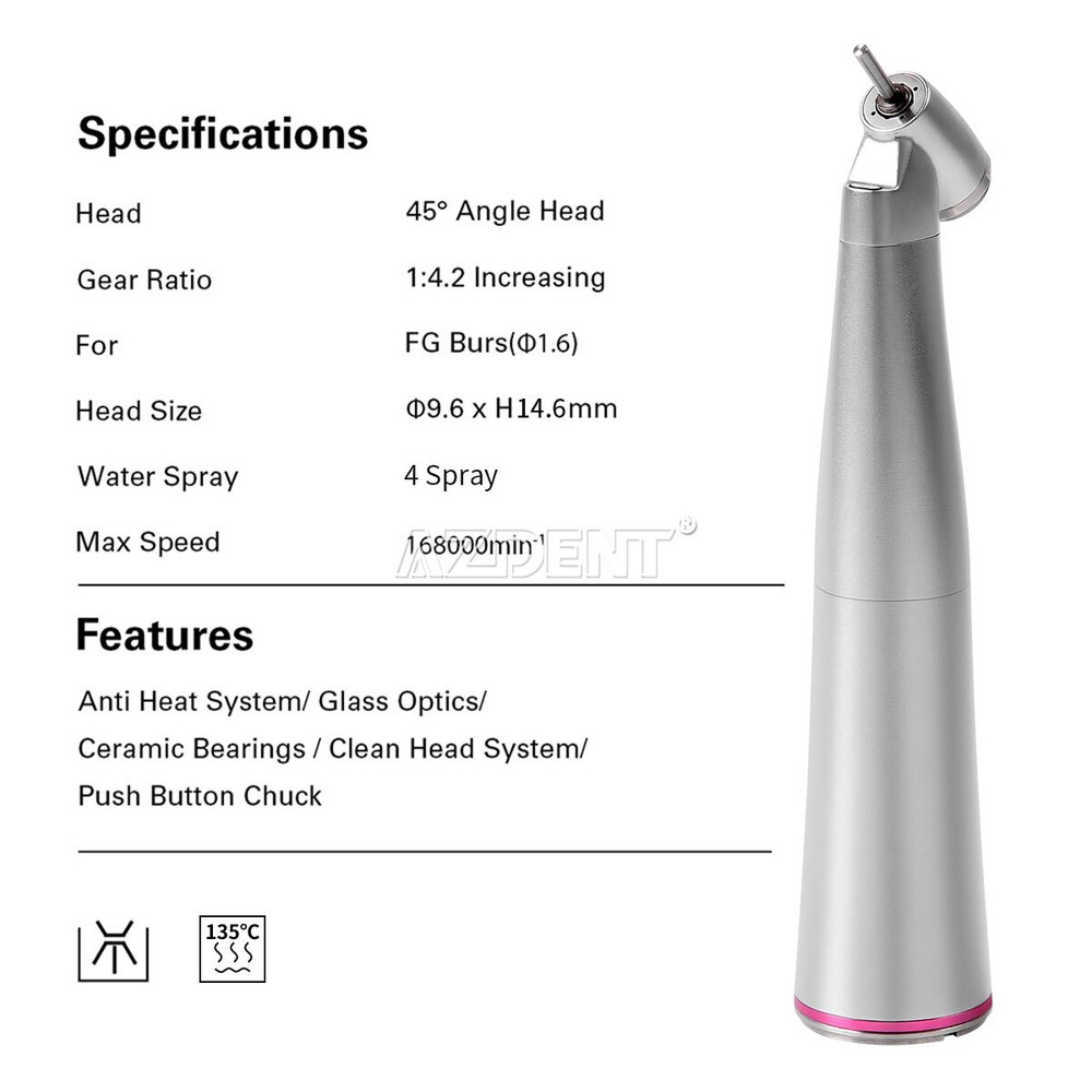 Dental 45° Clean Head LED 1:4.2 Increasing Contra Angle Low Speed Handpiece