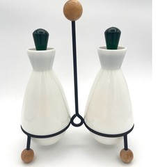 Vtg 1950’s Fenton Condiment oil & Vinegar Set Emerald Crest wrought iron stand