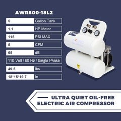 Ultra Quiet Oil Free Pump 5 Gallon Tank 115 PSI MAX Pressure 65 dB 1 PH 110V