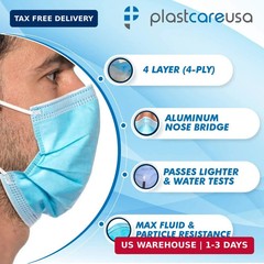 PlastCare USA Box of 50 4-Ply ASTM Level 3 Face Masks, Disposable (Blue)