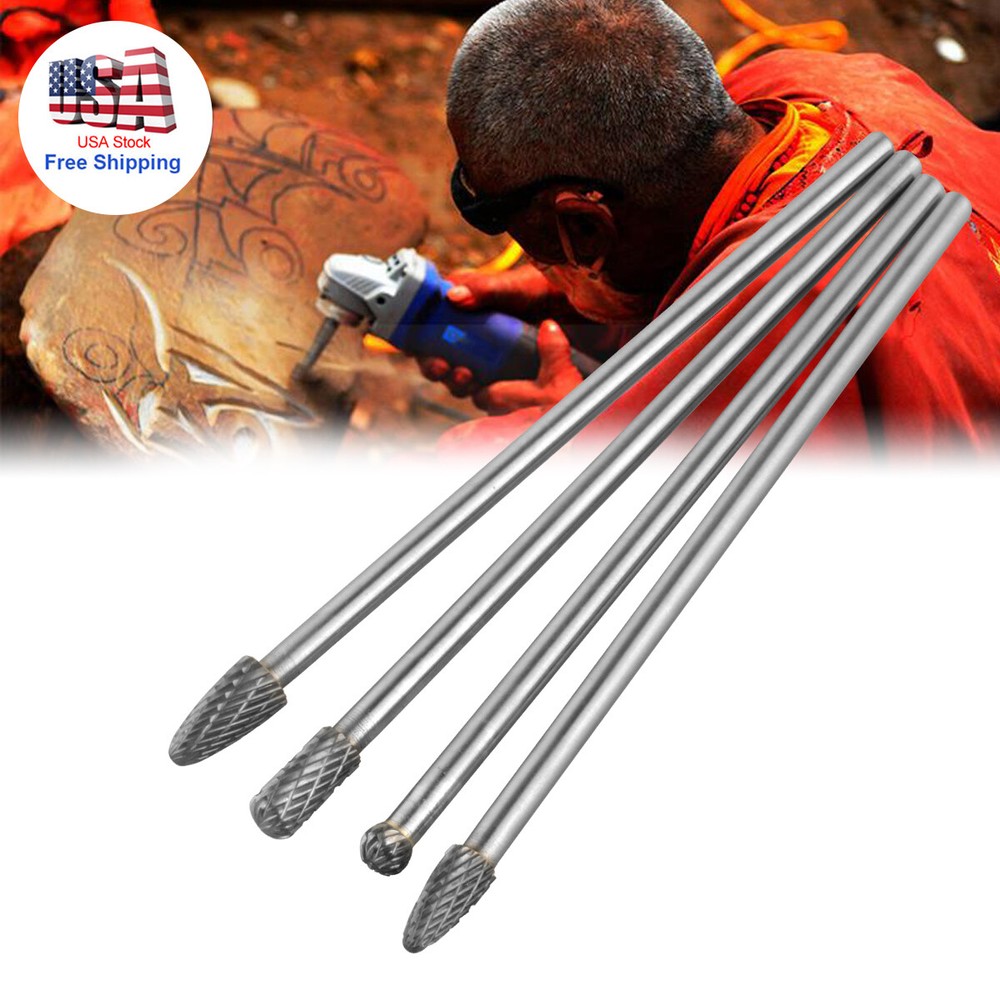 4 Rotary Burr Set Head Tungsten Carbide Burrs 1/4” Shank Double Cut Carbide Bit