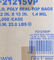 LK F21215VP L.D.POLY SEAL-TOP bAGS 12 IN .x15 IN.1.4mil, 1000/Case N.W.22.0LBS