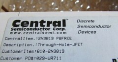 2N3819 Central Semiconductor RF GENUINE JFET Transistor N-CH -25V 10mA, 1 piece