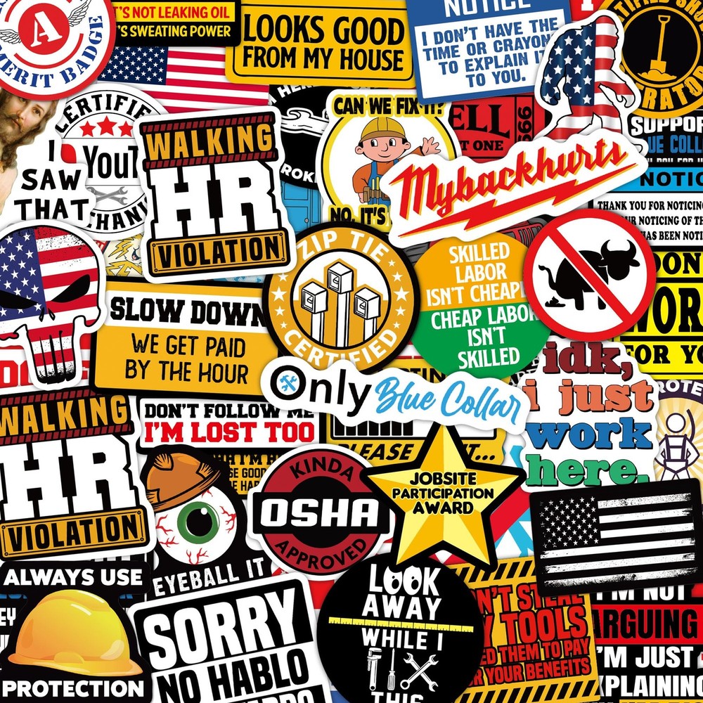 173 PCS Funny Hard Hat Stickers Waterproof Blue Collar Decals Pack Laptop Helmet