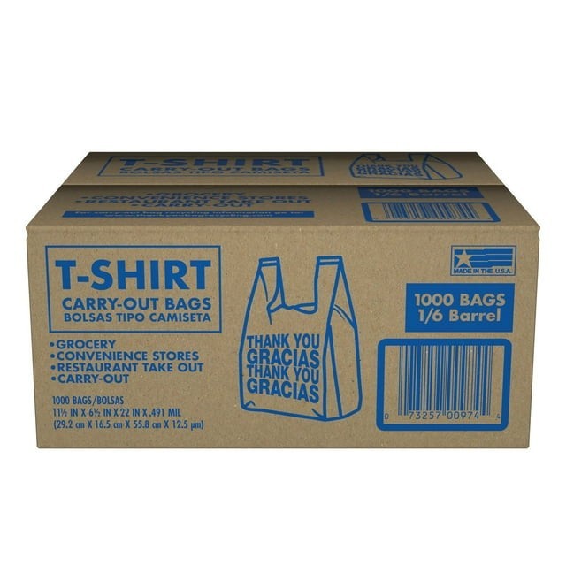 T-Shirt Carry Out Bags 11.5″ x 6.5″ x 22″ 1,000 Counts.