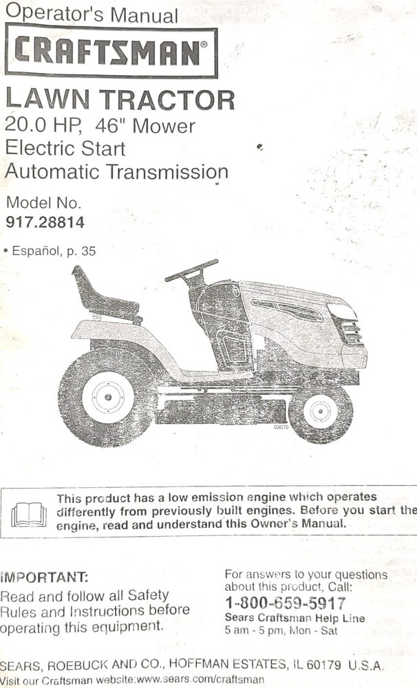 Sears Craftsman DLS4500 20.0 h.p Hydro 46″ Lawn Tractor 917.288141 Owners Manual