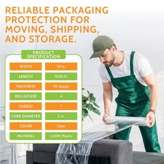 18″ x 1500′ 90 Gauge 4 Rolls Cast Hand Stretch Wrap Clear Plastic Shrink Film