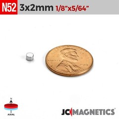 3mm x 2mm 1/8″x 5/64″ N52 Strong Rare Earth Neodymium Small Magnet Discs 3x2mm