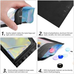 100/200 Holographic Mylar Foil Bags Smell Proof Resealable Zip Pouches Black