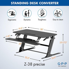 38″ Wide Adjustable Sit-to-Stand Desk Converter for Dual Monitors – Black