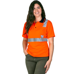 5 Pack Hi-Vis Orange Safety Workwear Short Sleeve Polo Shirt Top Reflective Tape