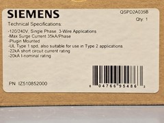 Siemens Boltshield QSPD 35kA, 2-Pole, Single Phase, Type-1 Plug-In Surge Protect