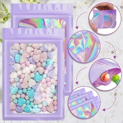 100/200 Smell Proof Mylar Bags Holographic Resealable Foil Pouch Zip Bags Purple