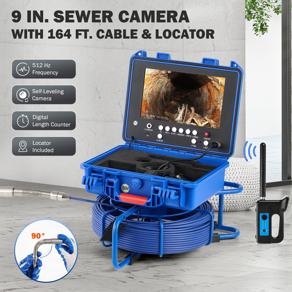 9 In Self-Leveling Sewer Camera 50m/164ft Pipe Inspection Camera w 512Hz Locator