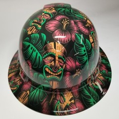 full brim hard hat custom hydro dipped IN TIKI MASKS ,POLYNESIAN HAWAIIAN ALOHA