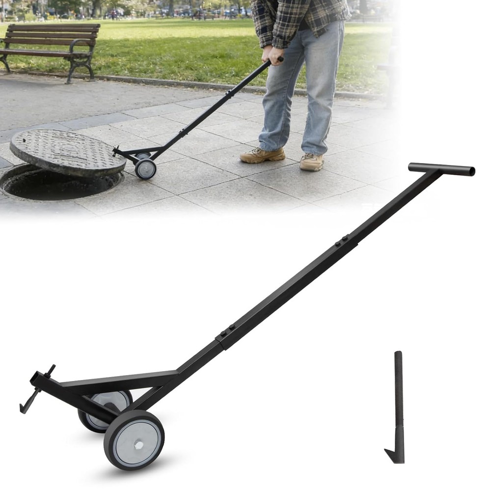 Heavy Duty Manhole Cover Hook with Wheels,Multipurpose Lifting and Pulling