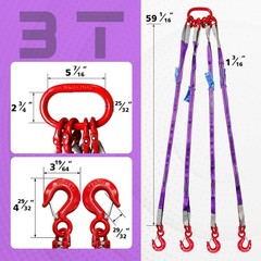 Four Leg Web Sling 5ft 6600lbs G80 Alloy Steel Grab Hooks Purple SENKEYFE Bridle